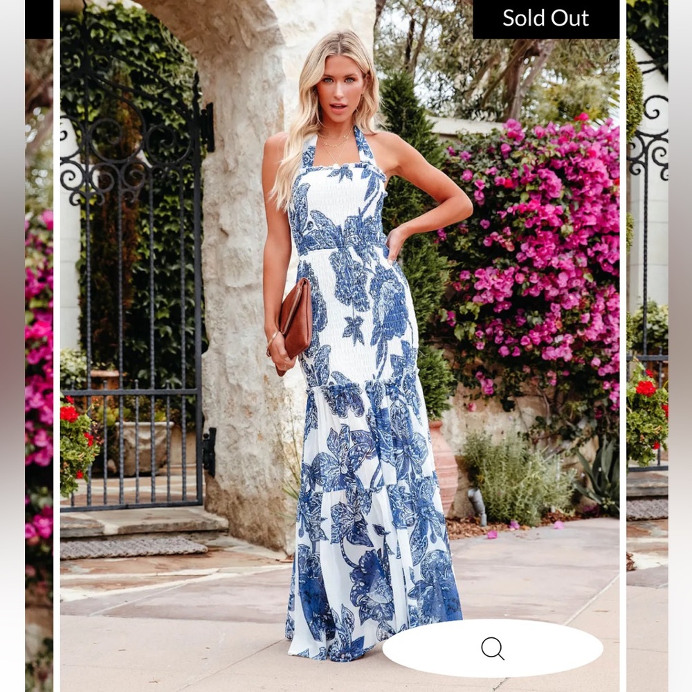 Vici Ursula White + Blue Smocked Maxi Dress - Bump Friendly!